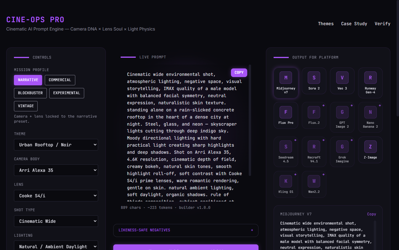 Cine-Ops Pro: cinematic AI prompt engine for camera, lens, and lighting