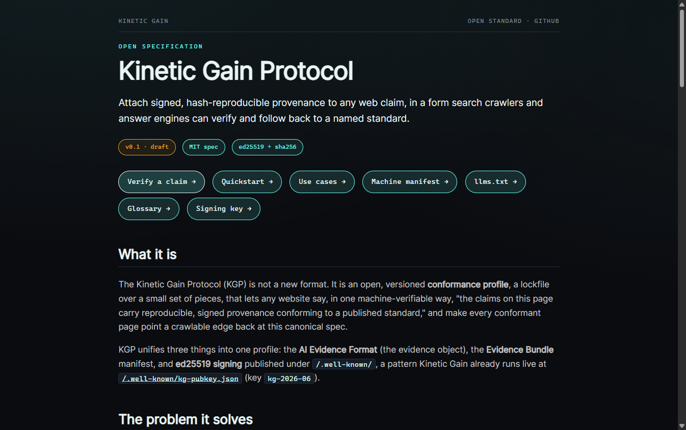Kinetic Gain Protocol: signed, verifiable provenance spec for web claims