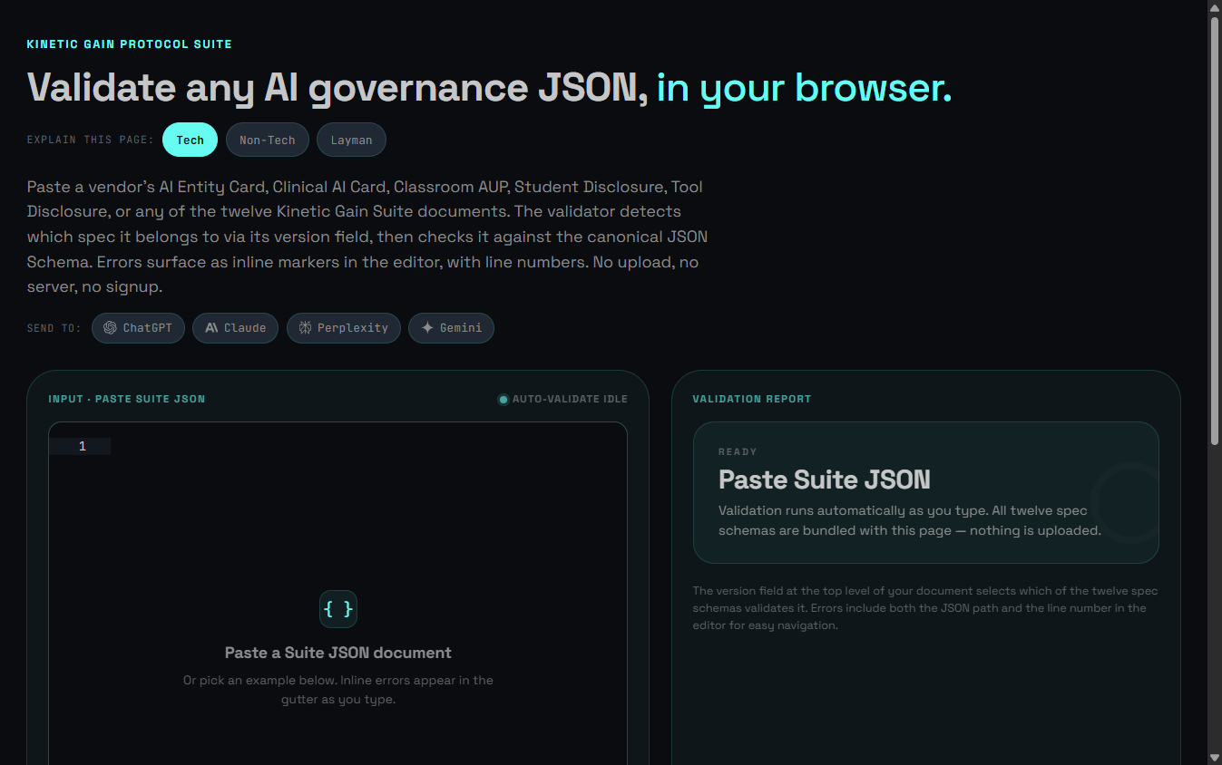 Kinetic Gain Suite Validator: in-browser JSON Schema validator for the Suite specs