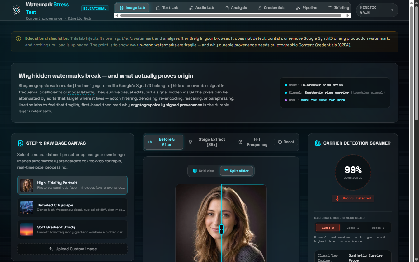 Watermark Robustness Lab: in-browser stress test for AI content watermarks